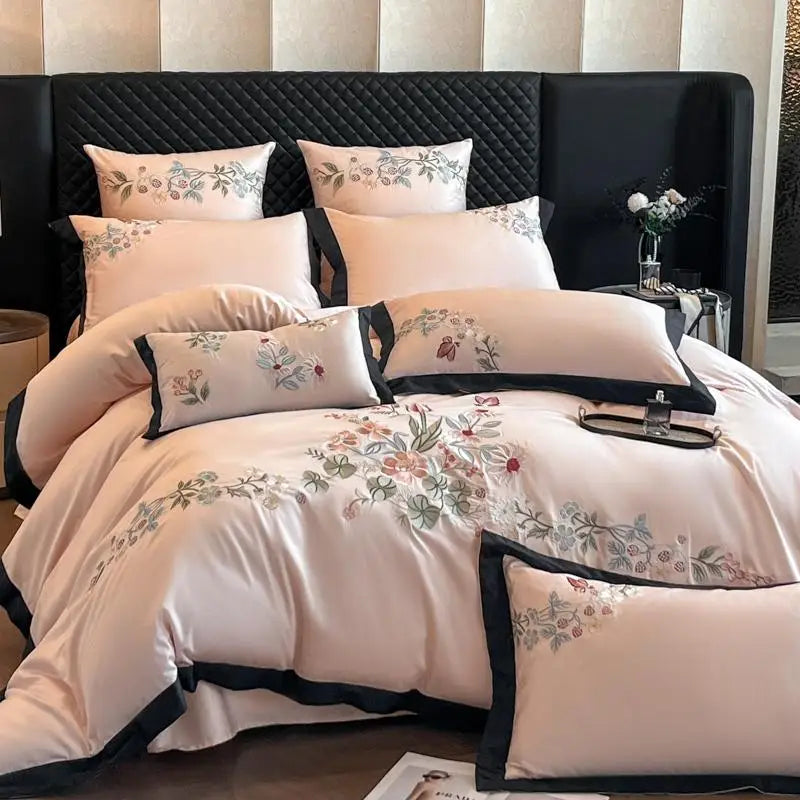 ensemble literie quatre pièces coton broderie florale classique beige housse couette drap taies