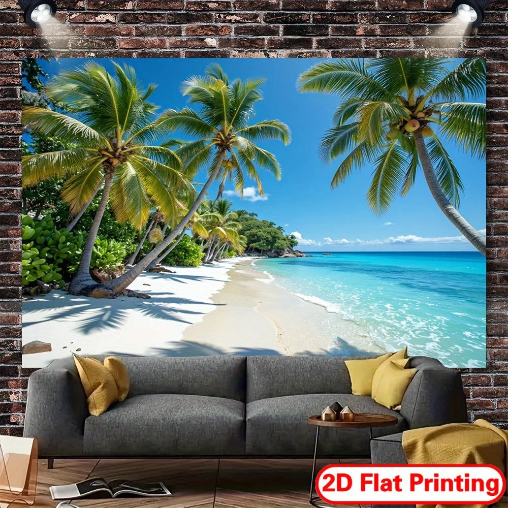 affiche murale paysage marin palmiers ciel bleu plage blanche métalliques chambre salon decoration française