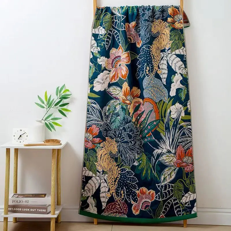 rideau moderne fleuri bleu marine bordure verte machine lavable