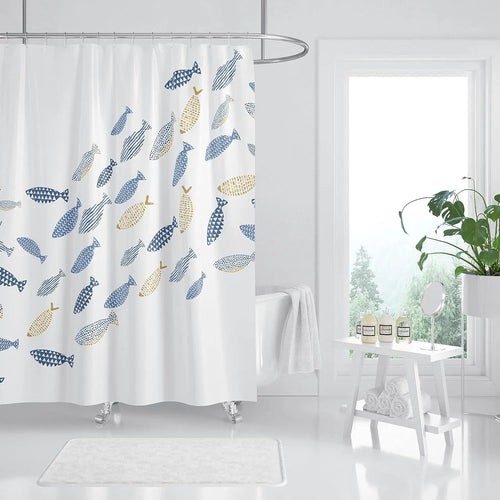 rideau douche moderne motif poissons stylisés bleu blanc jaune tissu imperméable crochets