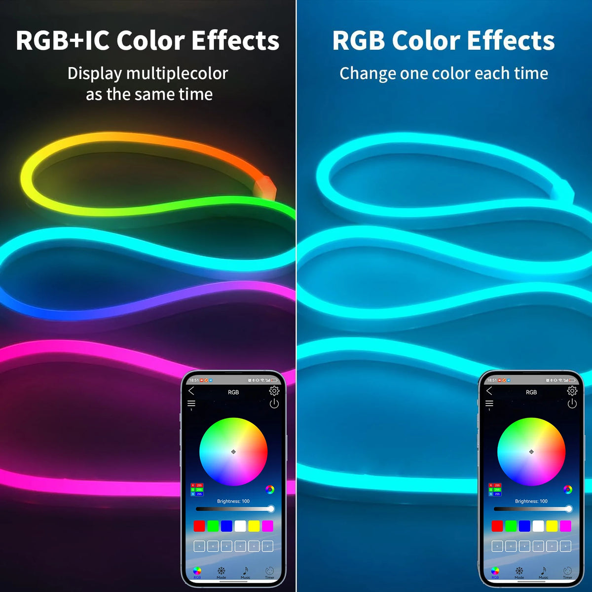 ruban led néon multicolore 5v usb bluetooth télécommande application synchronisation musicale clips moderne