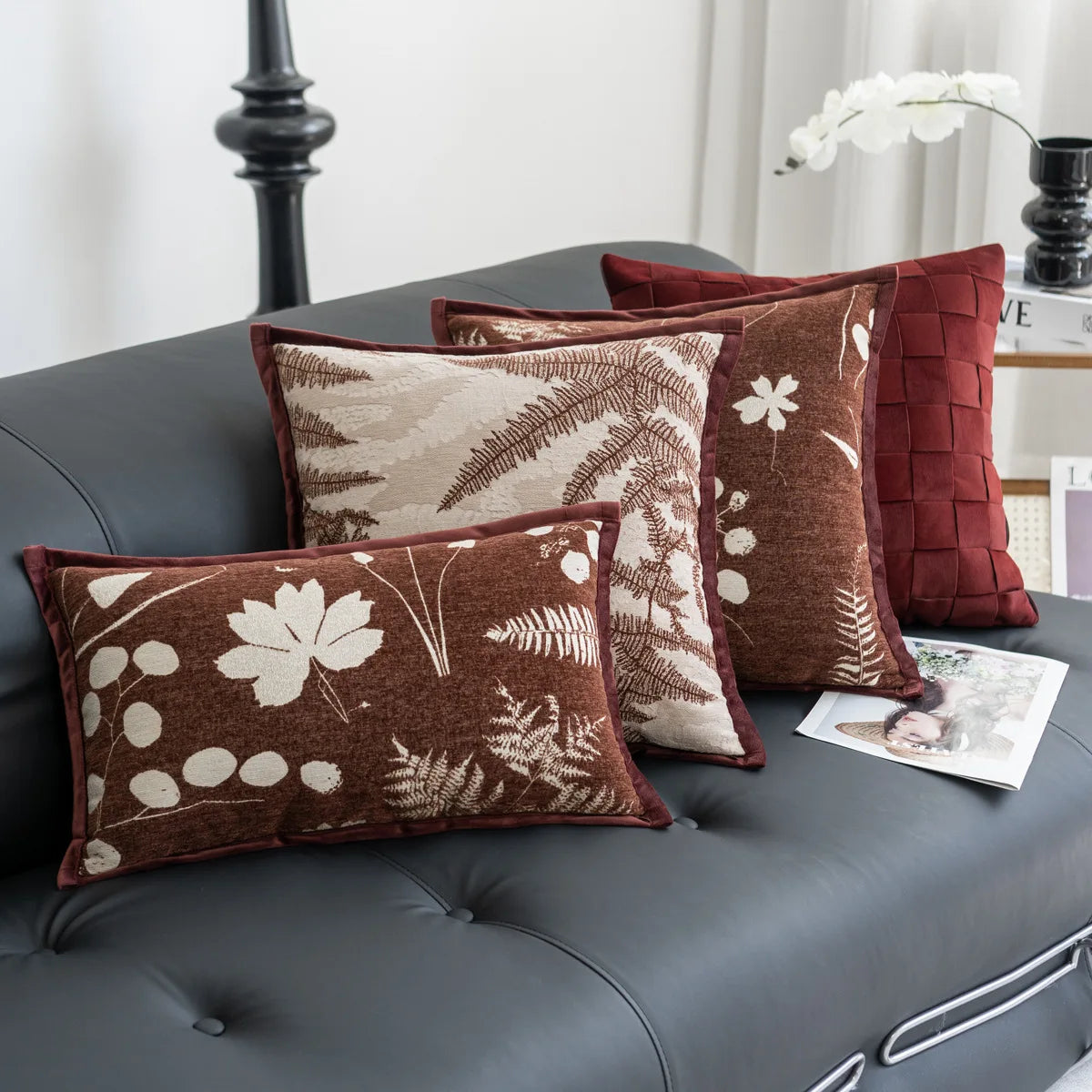 coussin housse carré moderne motif végétal feuilles fleurs adhésif polyester 45x45cm 30x50cm decoration intérieur