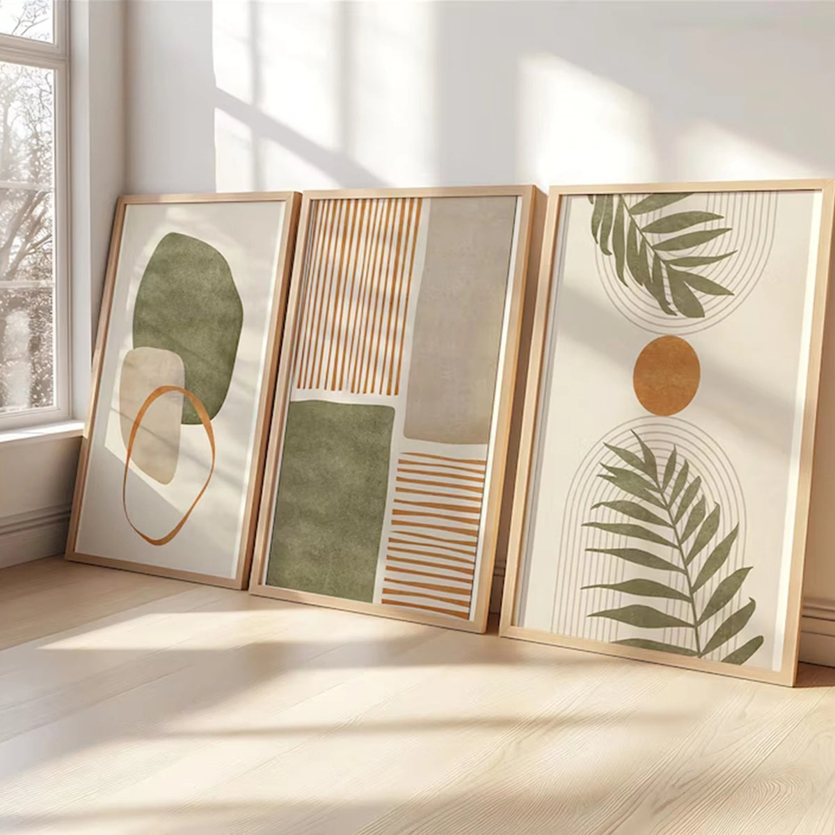decoration murale abstraite feuilles palmier contemporaine vert beige blanc pièces affiches minimaliste
