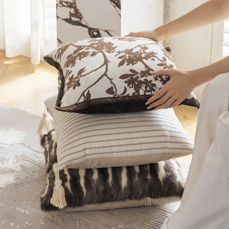 coussin housse jacquard fleur beige marron moderne adhésif tassel voiture decoration 35x90cm 45x45cm polyester.velours