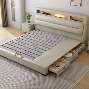 lit moderne tête lit rangement bois tissus composites similicuir oreillers blanc moderne minimaliste chambre