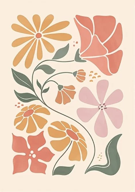 affiche murale fleurs stylisées cadre bois moderne décoration intérieure minimaliste beige rose vert jaune