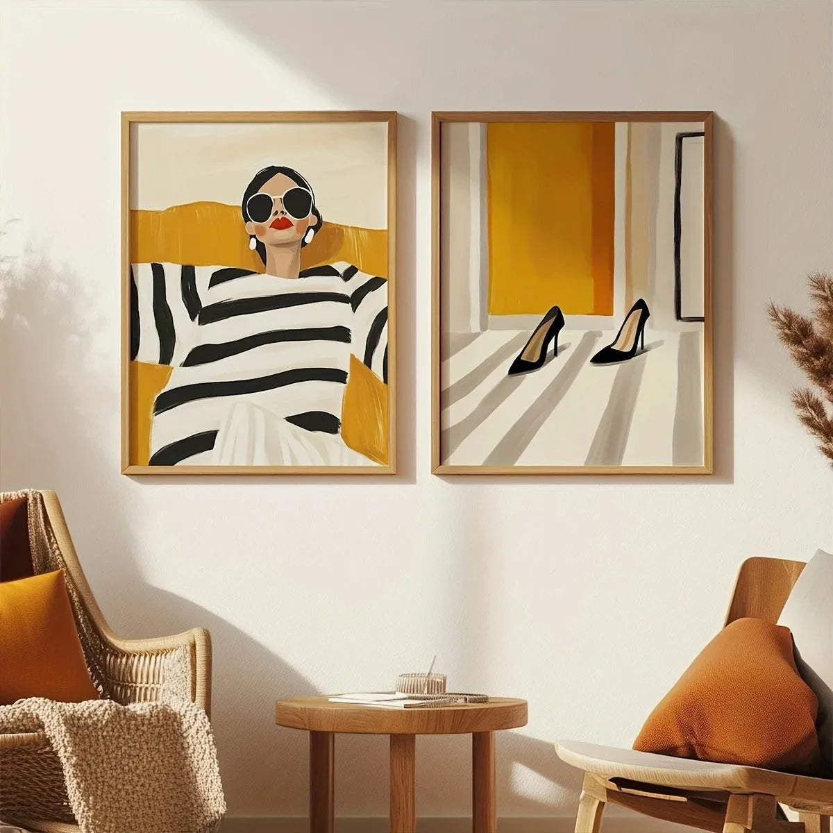 toile d'art moderne abstraite femme talons rayures noires blanches fond jaune 20x30cm 30x40cm 40x60cm
