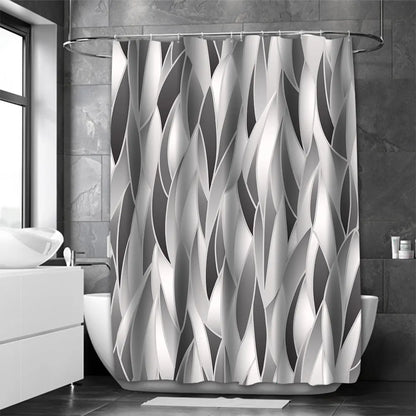 Image de rideau de douche gris argenté de haute qualité, idéal pour une salle de bains moderne avec des installations de plomberie en aluminium. Le rideau, un élément essentiel de la salle de bains, est mis en valeur sur un carrelage brillant. Une solution élégante pour préserver votre intimité et garder votre salle de bains propre et sèche.