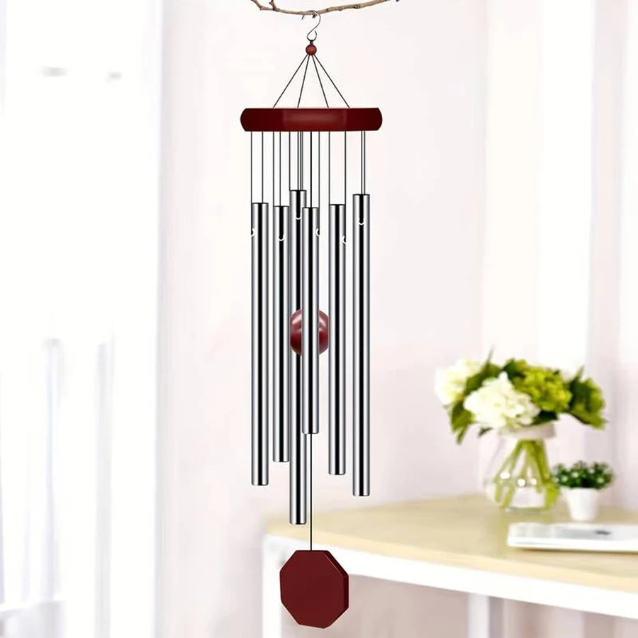 sifflet vent décoratif tubes métalliques argentés bois rouge balcon cour couloir zen fil suspension