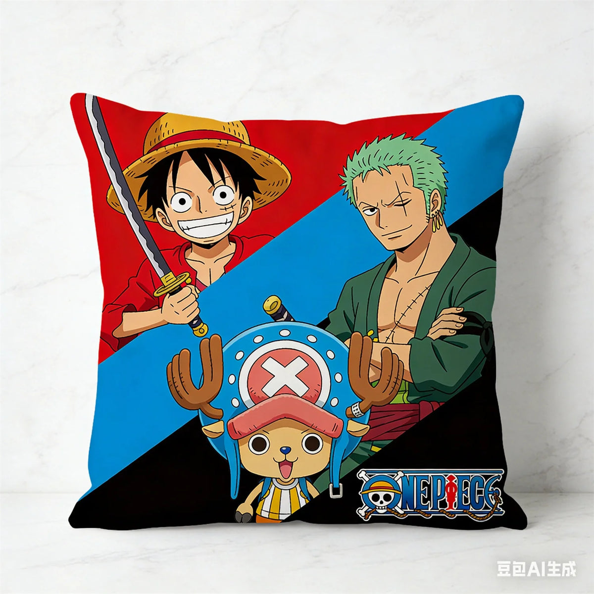 housse coussin One Piece motif Luffy rouge bleu noir polyestère cartoon salon chambre coucher