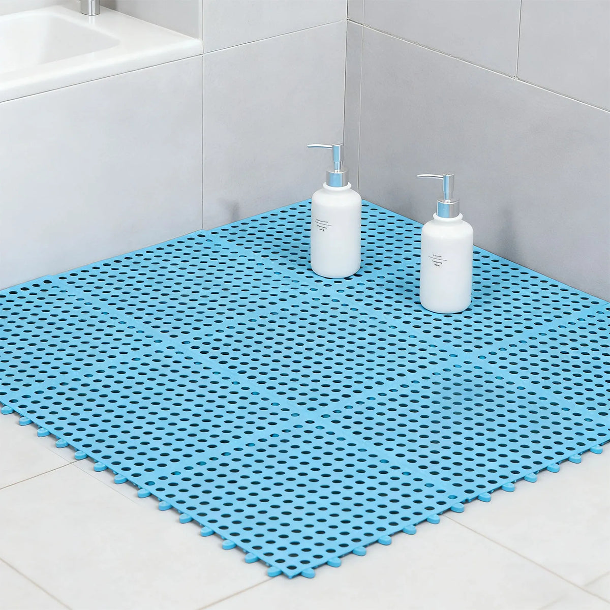 tapis salle bain blanc bleu turquoise vert gris jaune rose moderne minimaliste petits trous
