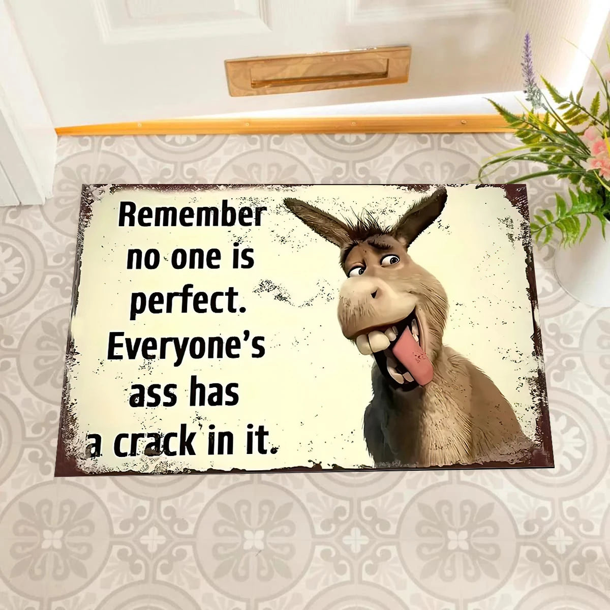 tapis d'entrée antidérapant âne souriant humour moderne beige clair marron clairintérieur extérieur