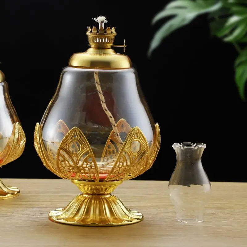 lampe huile transparente dorée motifs floraux classique vintage réglable verre alliage zinc