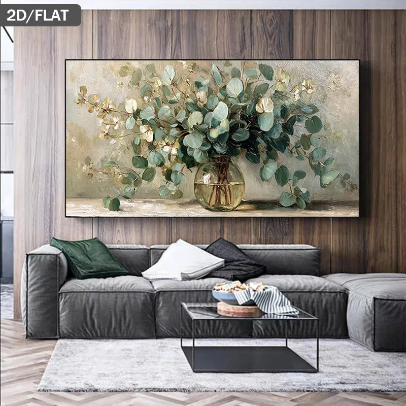 tableau toile fleurs feuilles moderne beige vert blanc décoration murale impression horizontale sans cadre