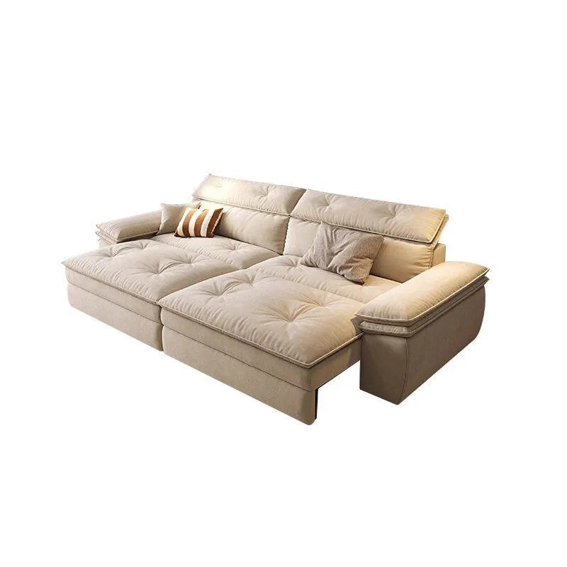 canapé d'angle moderne beige clair coussins doux bois chêne meuble salon minimaliste