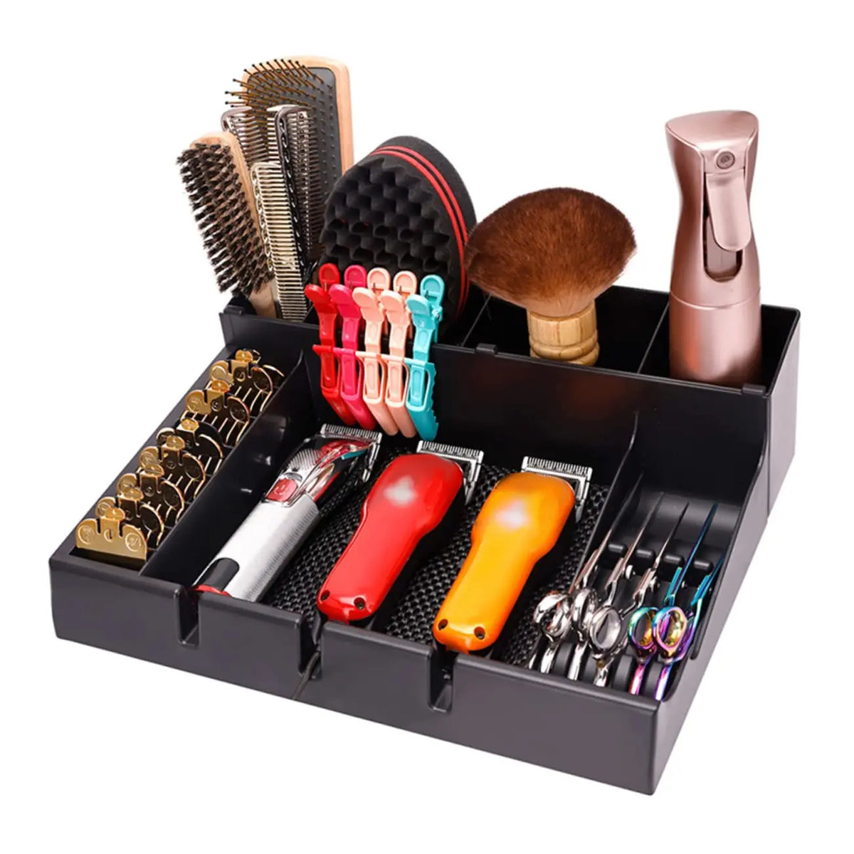 organisateur outils coiffure noir peignes ciseaux tondeuses pinces pinceaux brosse clips guides