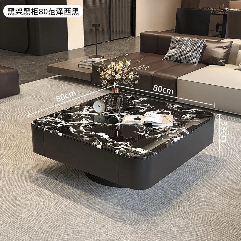 table basse carrée salon minimaliste marbre noir blanc tiroir métal solide