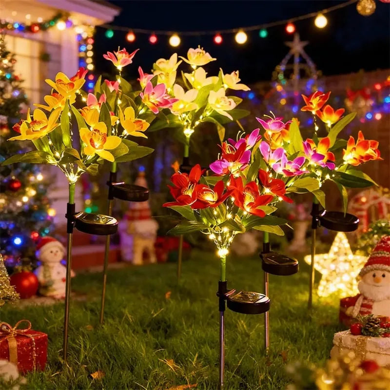 décoration extérieure fleurs artificielles lumineuses rouge jaune violette blanche moderne tringles solaires