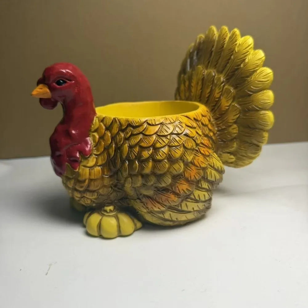 cache pot forme dinde rouge jaune marron plumes artisanal plante intempéres automne résistant