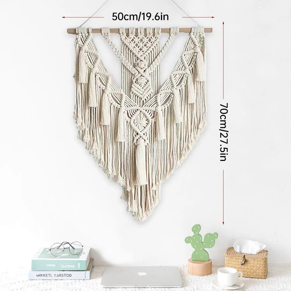 décoration murale boho chic macramé franges beige clair tissu main fixations crochets