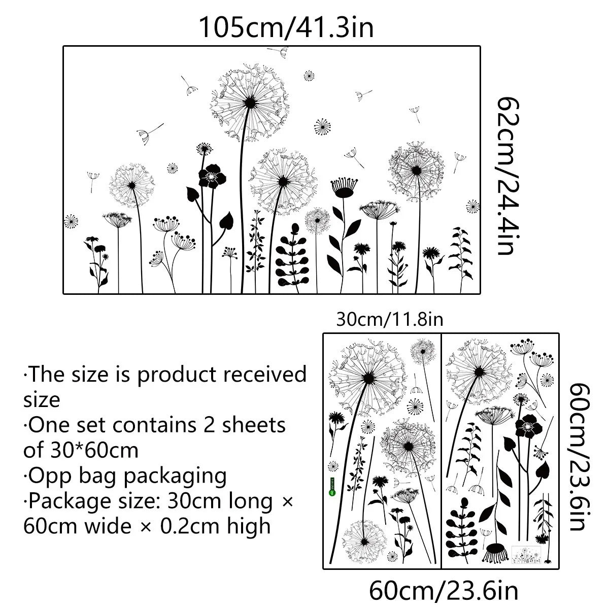 sticker mural adhésif fleurs pissenlit noir minimaliste moderne chambre salon 30x60cm x2pcs