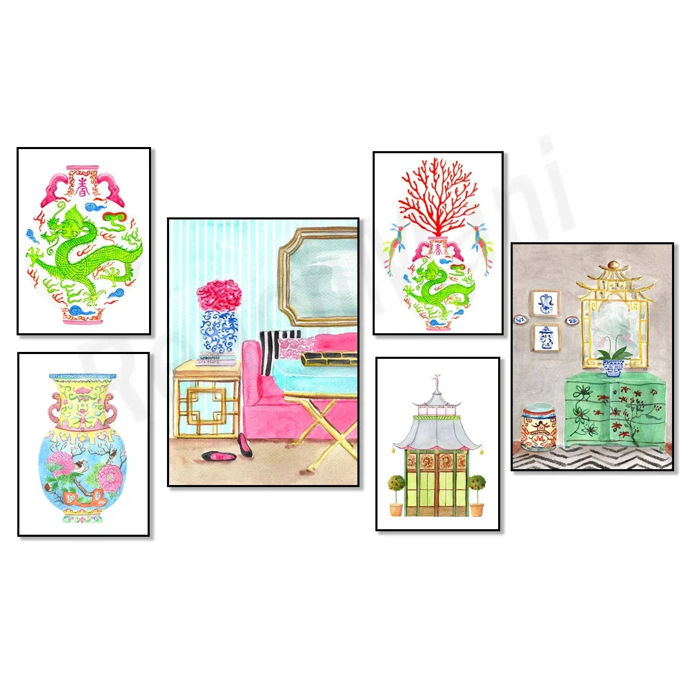 Collage artistique aux motifs asiatiques colorés, comprenant des vases décoratifs, un intérieur avec meuble et accessoires, un bâtiment architectural et des éléments floraux.