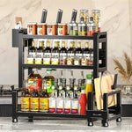 étagère cuisine noire réglable niveaux moderne pieds couteaux bouteilles pots condiments