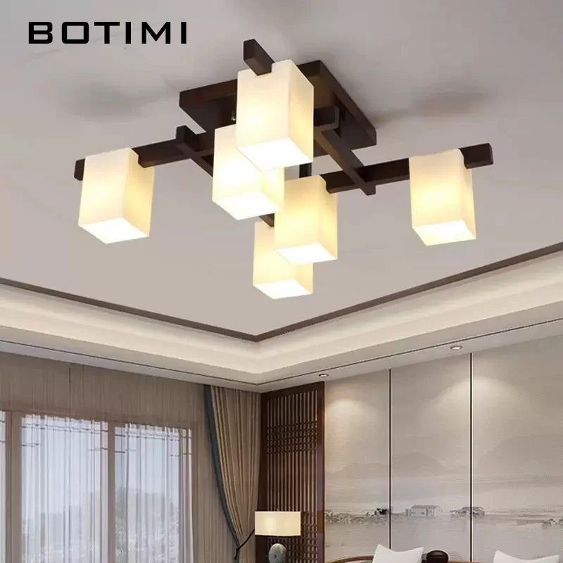 lustre japonais minimaliste bois marron foncé abat jours rectangulaires lumière douce led contracté