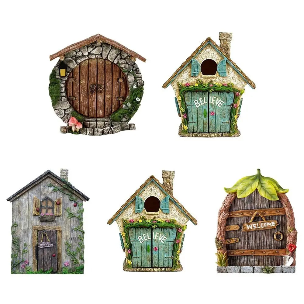 décoration extérieure porte fée maison miniature pierre végétation lettrage bienvenue plante artificielle lampe murale