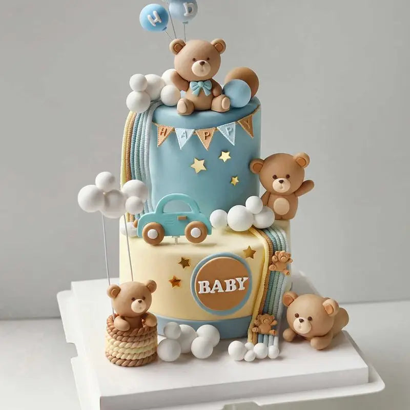décoration gâteau enfant ours bleu voiture ballons étoiles anniversaire révélation sexe baptême thème festif