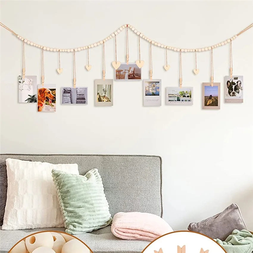 cadre mural photos bois boho rustique clips beige blanc simple geometric
