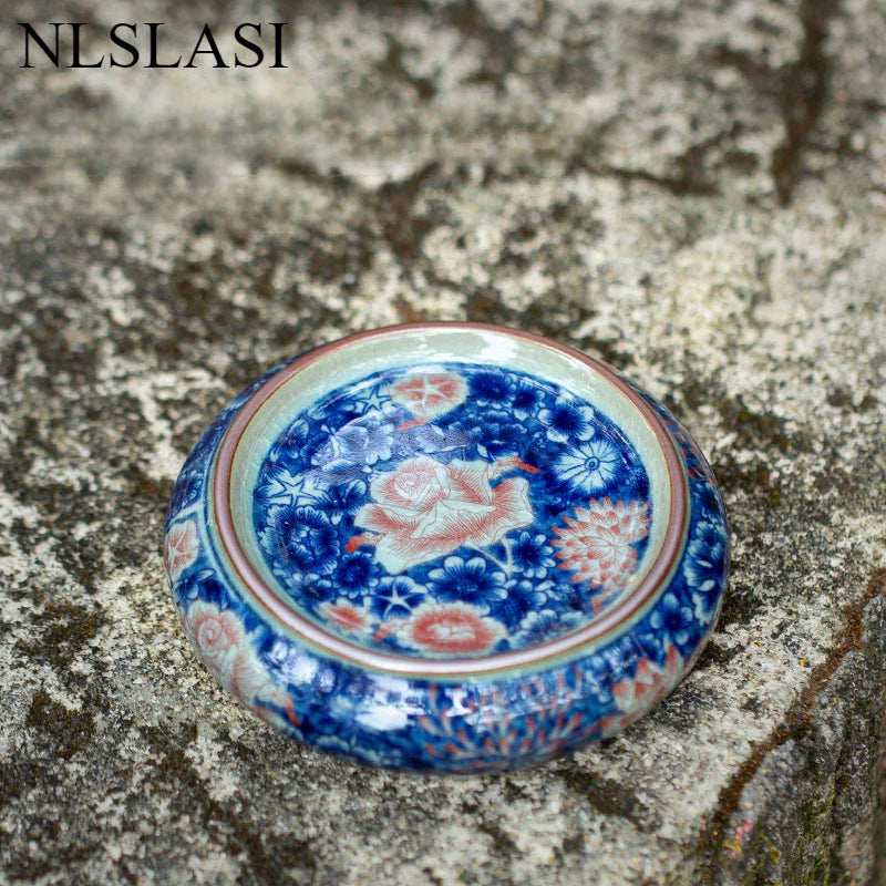 boîte thé bleu blanc rouge peinture chinoise artisanale tasse inclusion montagne fleur