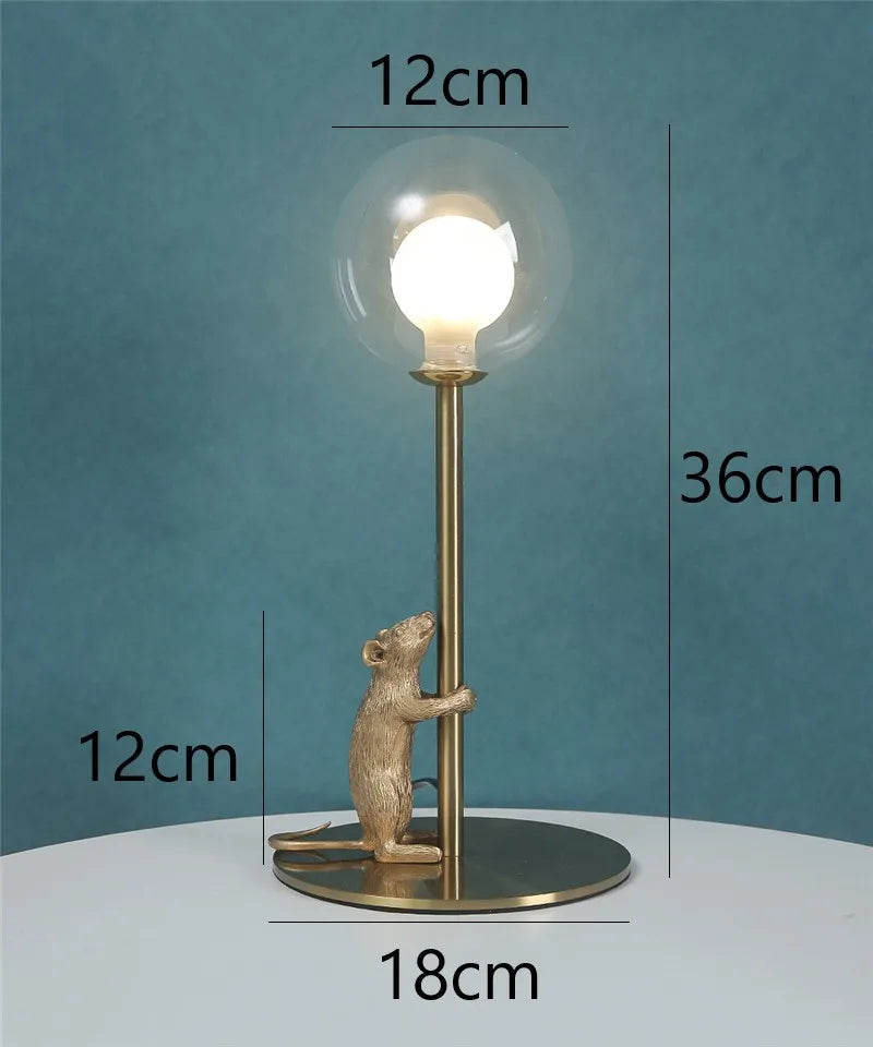 lampe table or blanc souris sculptée animalier moderne globe transparent led
