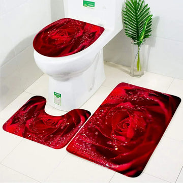 ensemble tapis bain salle bain rouge fleurs roses motif moderne coton doux décoratif