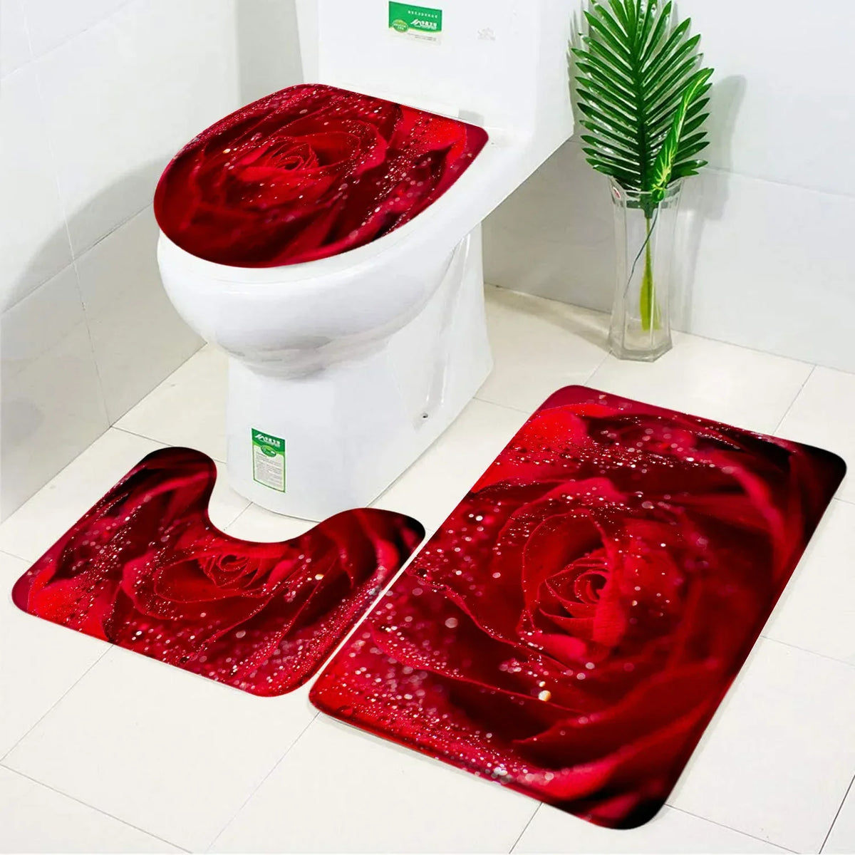 ensemble tapis bain salle bain rouge fleurs roses motif moderne coton doux décoratif
