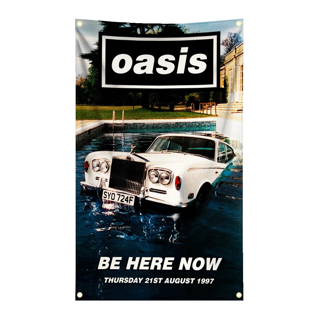 bannière rock vintage oasis logo union jack scène musicale noir rouge bleu