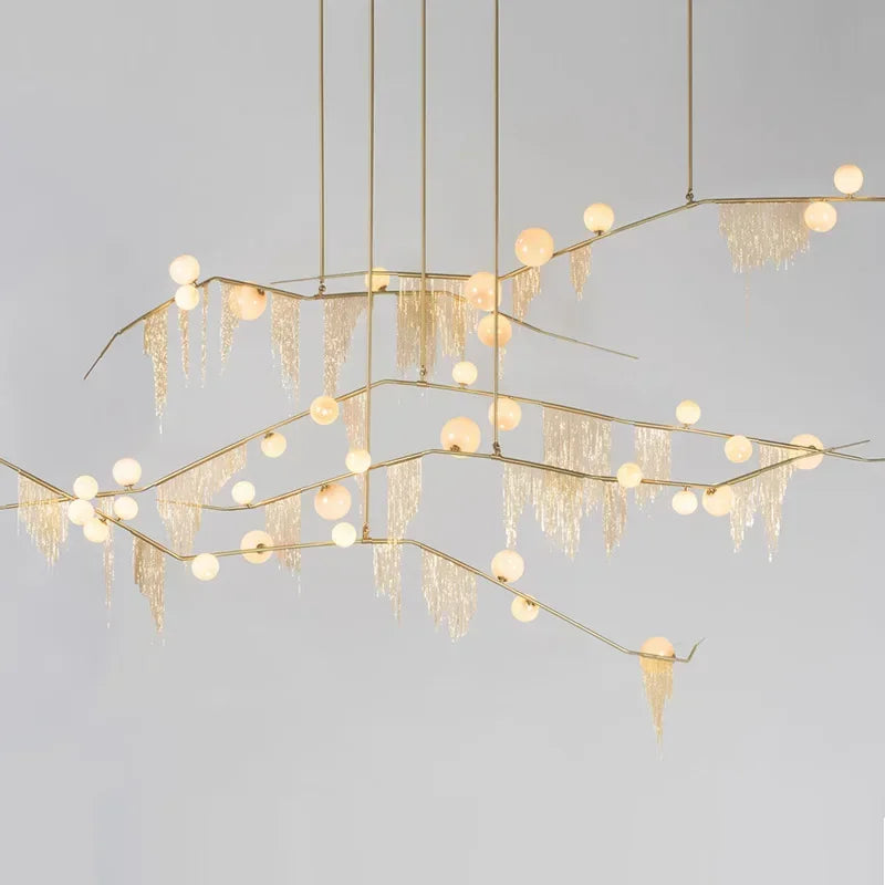 suspension lumineuse moderne dorées franges opalescentes élégante led lumières 180cm doré blanc