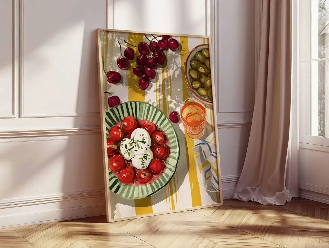 tableau mural fruits modernes prunes tomates cerises couleurs vives vert rouge jaune blanc opaque
