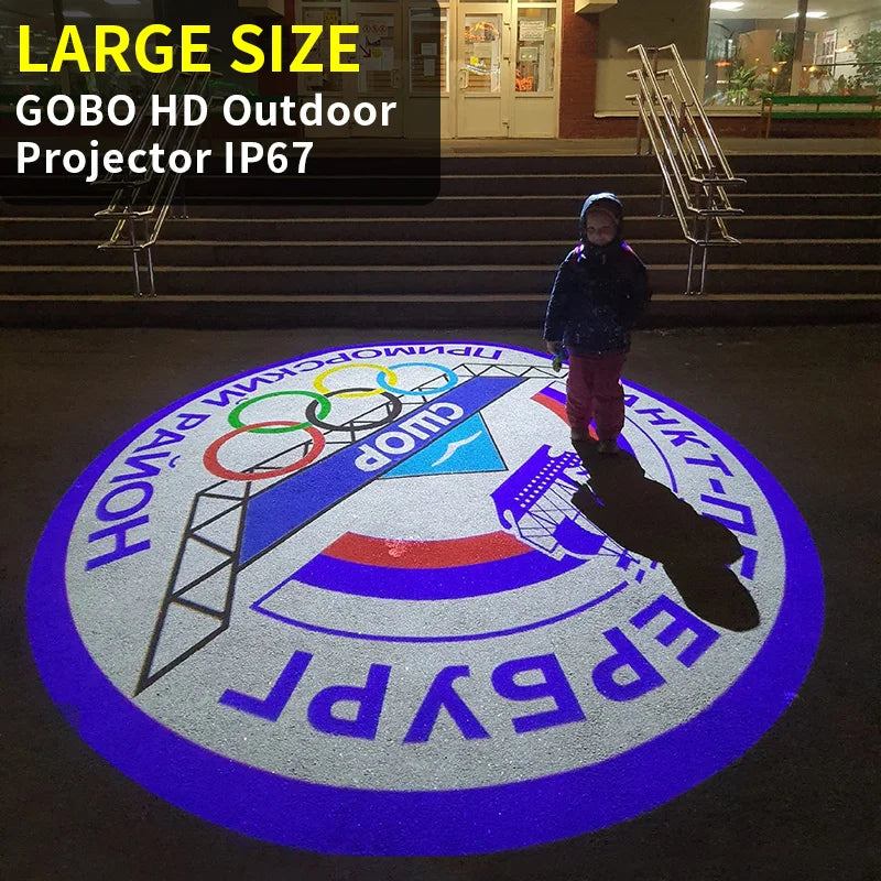 projecteur gobo hd led rotatif étanche publicité logo texte personnalisable extérieur moderne bleu blanc