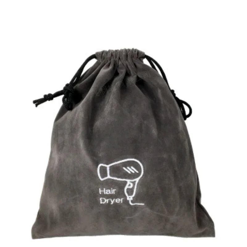 sac rangement noir velours sèche cheveux brodé cordon serrage utilitaire multi usage compression 26x30cm