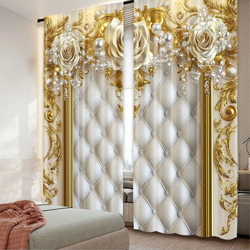 rideau deux pièces polyester roses blanches dorées classique baroque opaques blanc doré beige