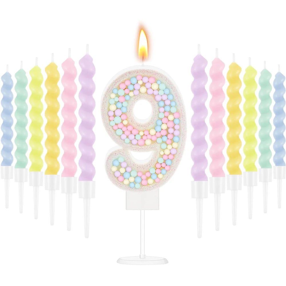 bougies anniversaire numérotées colorées spirales métalliques sucrées décoratives violet rose vert jaune blanc