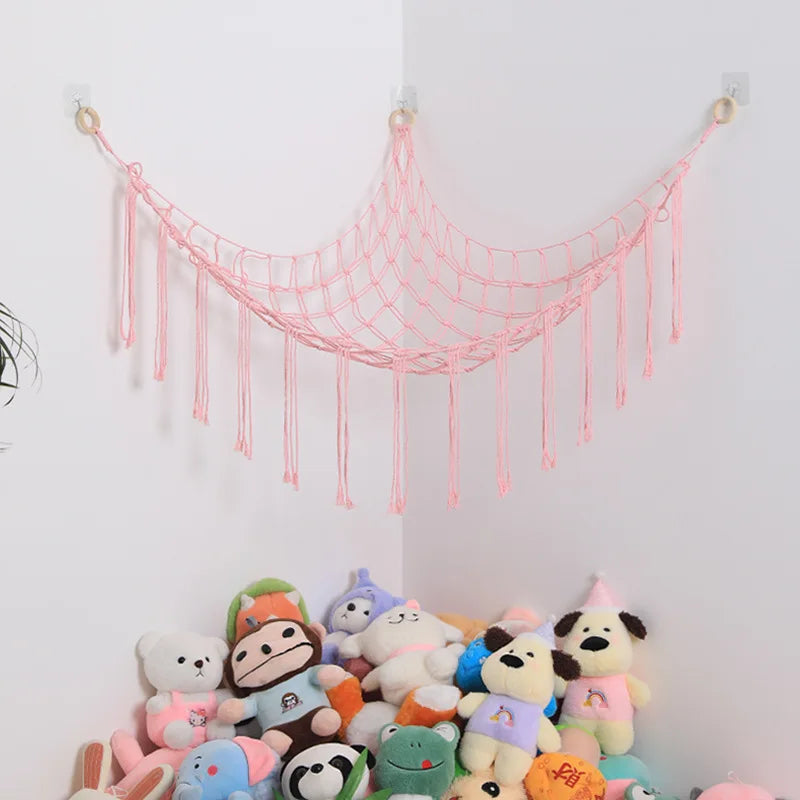 filet tressé suspendu clips multicolore violet rose moderne décoratif chambre enfant jouets rangement