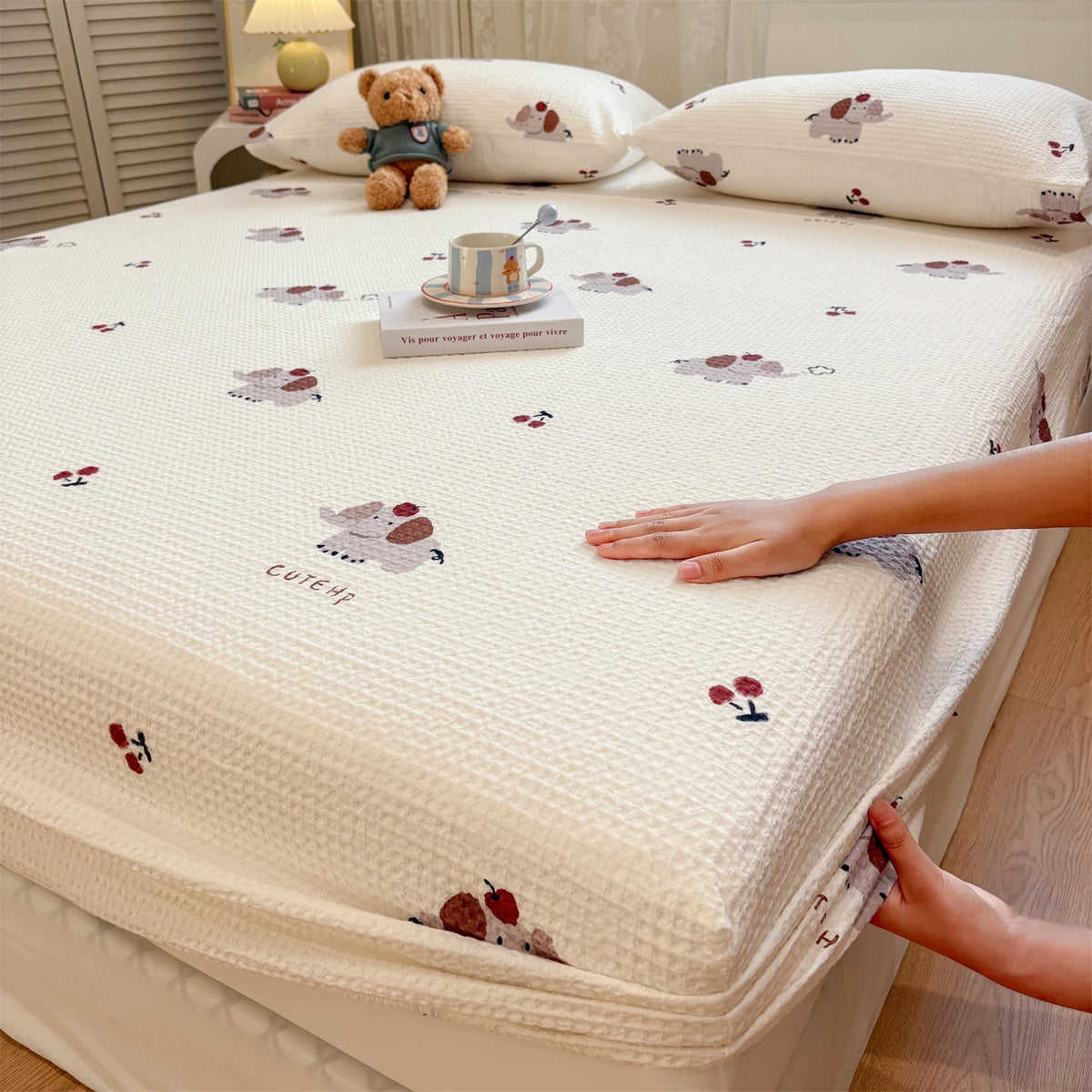 draps lit double blanc motif cœurs ensemble housse drap couverture fixation pastorale confortable 180x200cm