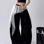pantalon large femme noir dentelle blanche moderne translucide élastique y2k streetwear