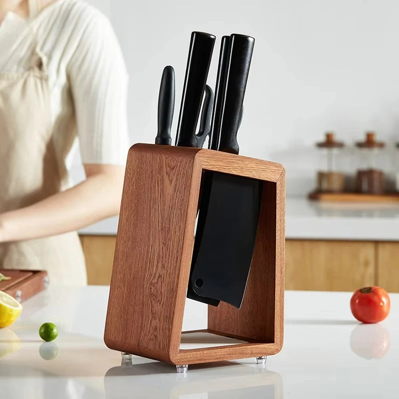 organisateur couteaux bois naturel anti moisissure moderne adhésif couteaux poignées noires rangement cuisine ventilé