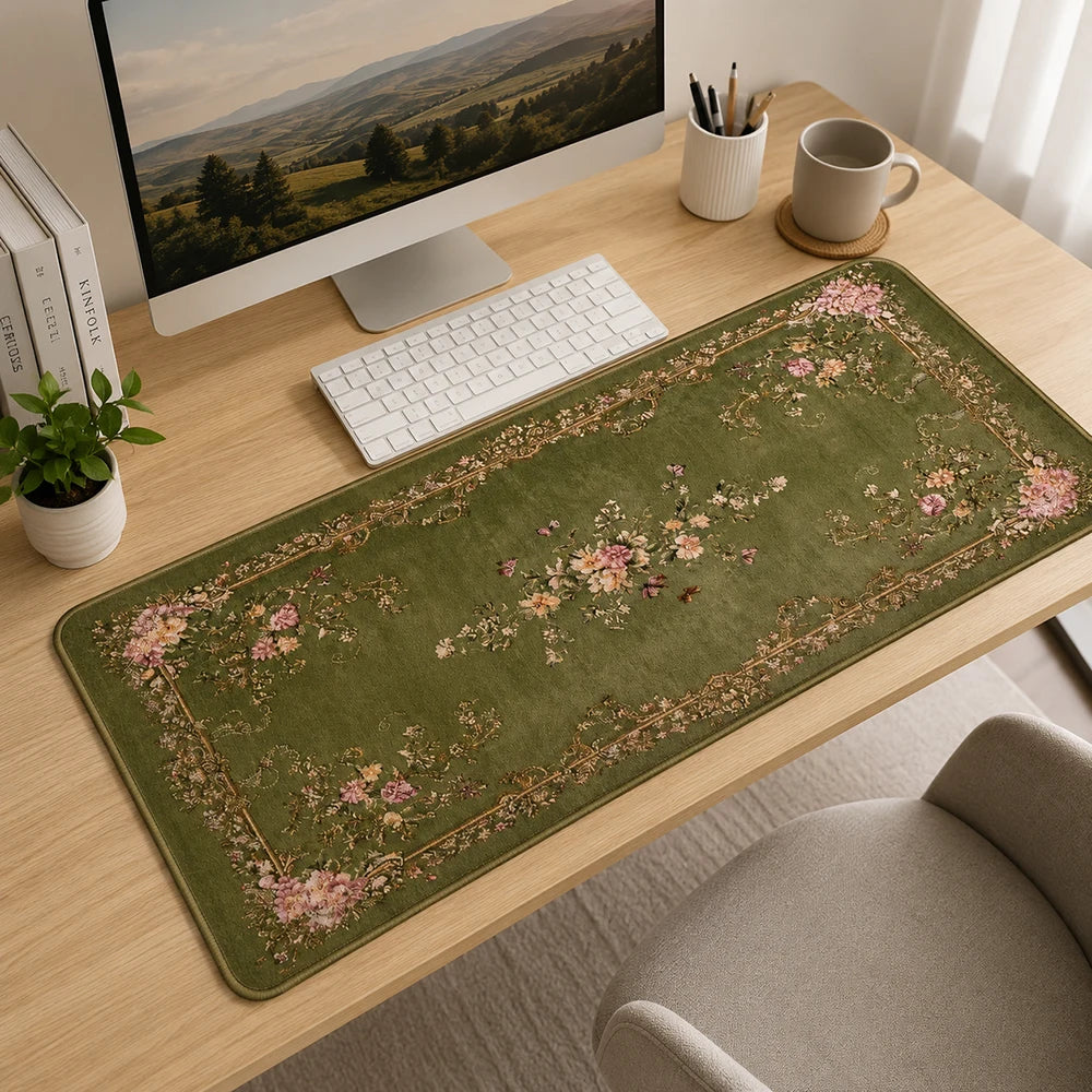 tapis vert olive fleurs roses blanches bordure dorée anti dérapant grande taille classique maison