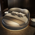 lit rond moderne tête rembourrée éclairage led tables chevet gris clair taupe