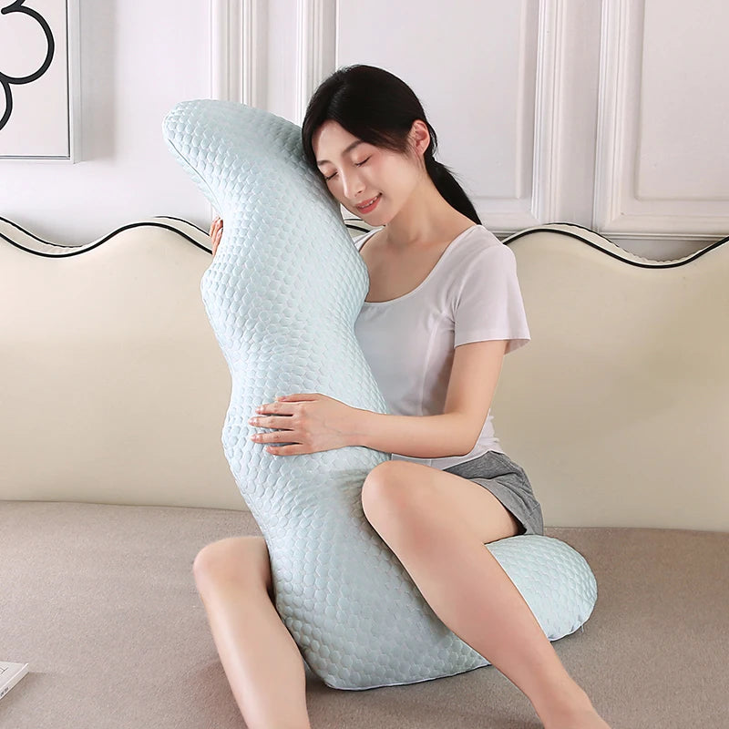 coussin ergonomique bleu clair texture géométrique contemporain mémoire forme dauphin anti apnée rafraîchissant été