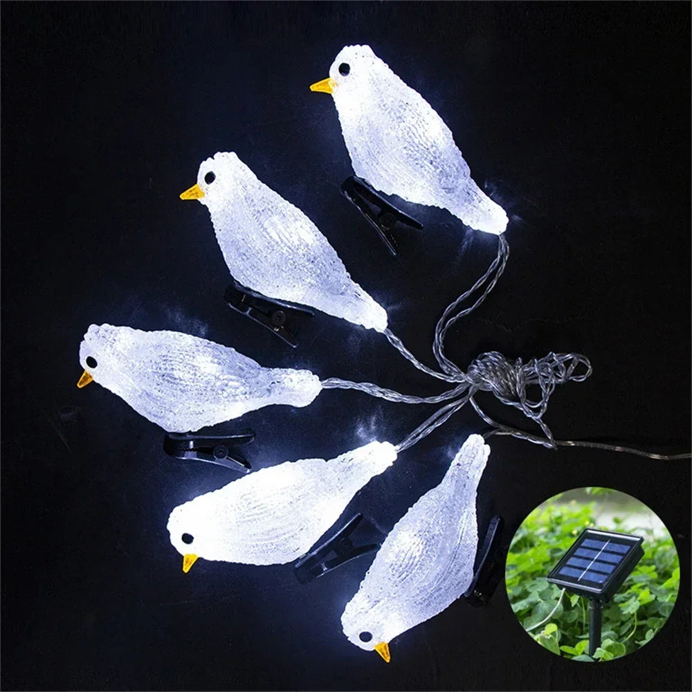 guirlande oiseaux bleu doré lumineuse clips solaire usb led jardin festive